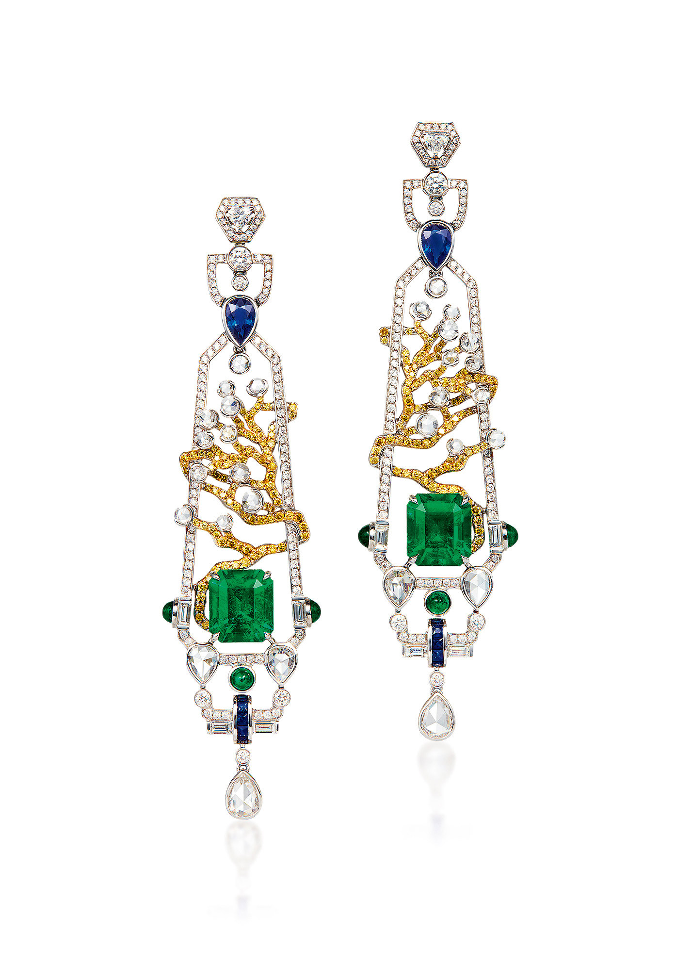 A PAIR OF 2.54 AND 2.68 COLOMBIAN EMERALD ’MUZO GREEN’ AND COLORED STONE EAR PENDANTS, by wang xiaoyu