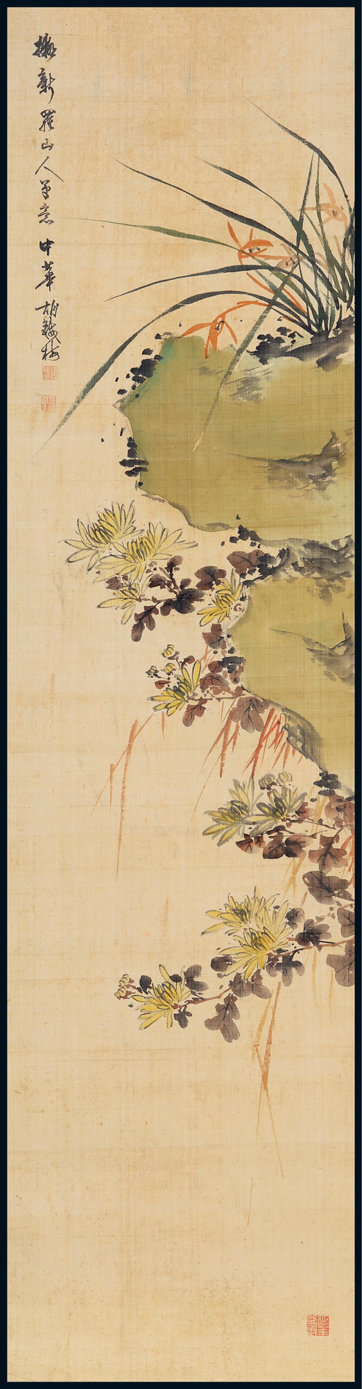 The Orchid and Rocks Picture on silk drawn by Hu Tiemei