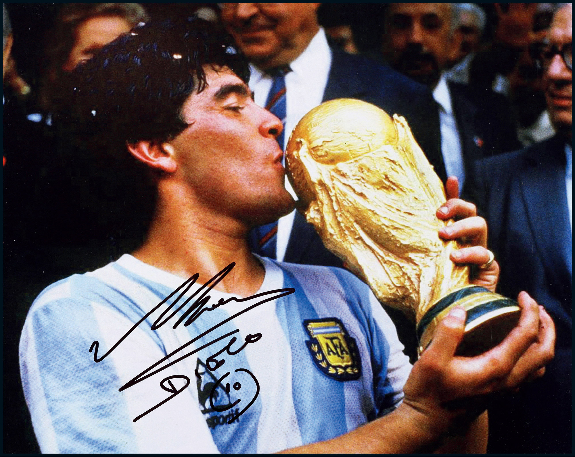 The autographed photo of Diego Maradona, “Argentinan king of football”, with certificate