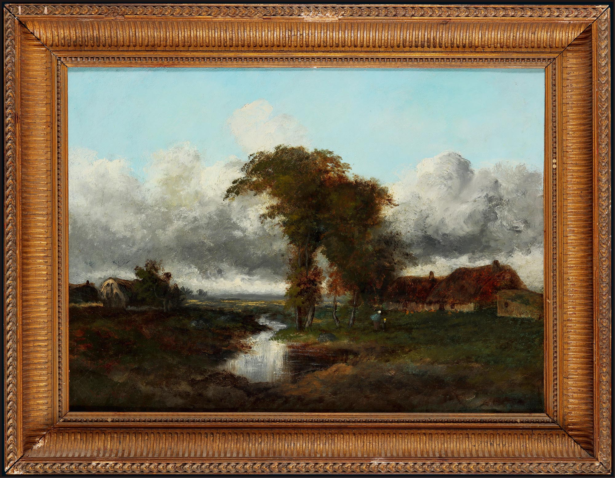 The oil painting “Farmhouse in a Field” by Victor Dupre, a leading French Barbizon painter and landscape painter, with certificate