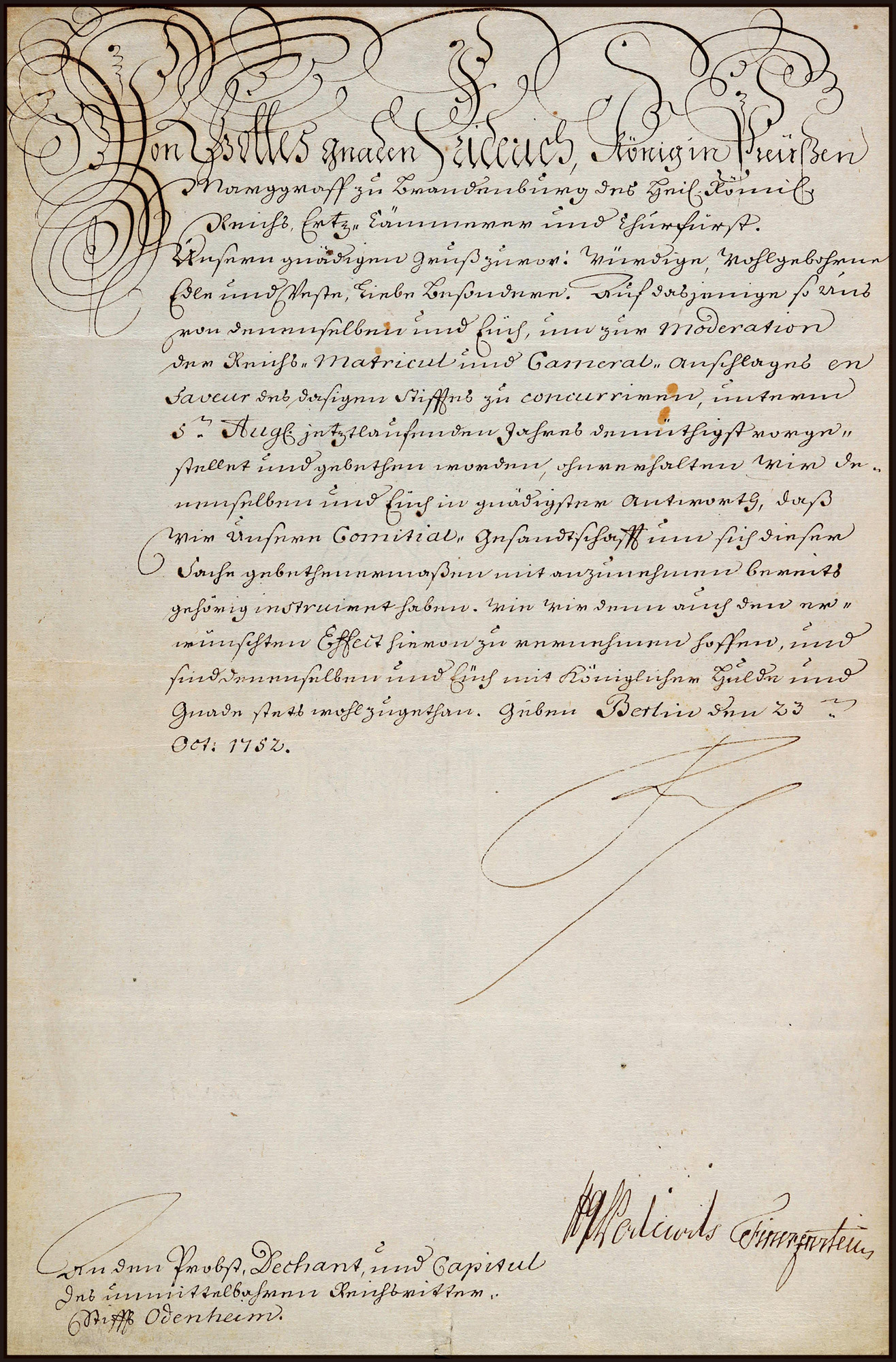 The document signed by Frederick the Great in 1752, “the representative of European enlightened despotism and enlightenment”, with certificate