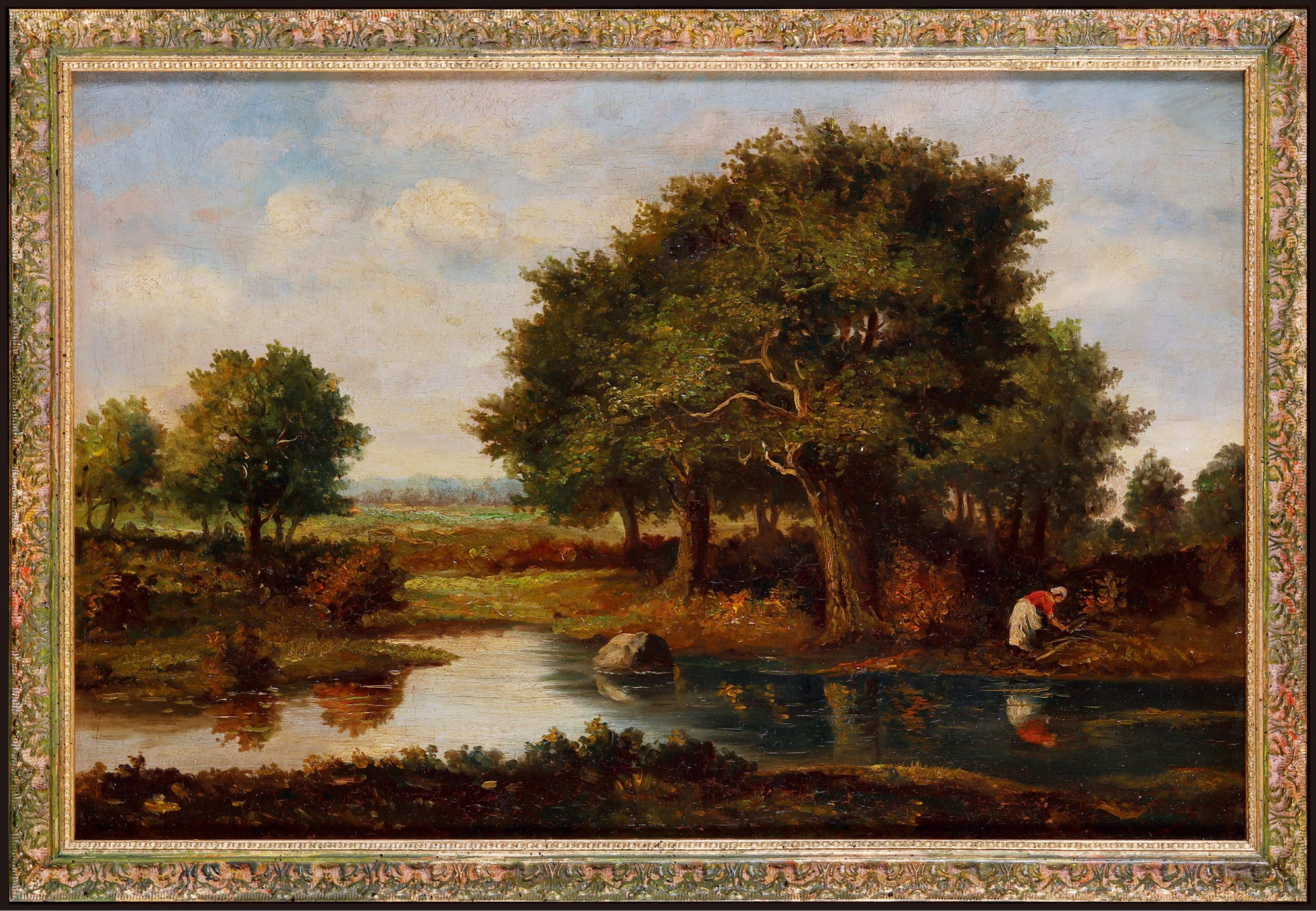 The oil painting “Gathering Firewood by the Lake” by Narcisse Díaz de la Pena, a famous French Barbizon painter, with certificate