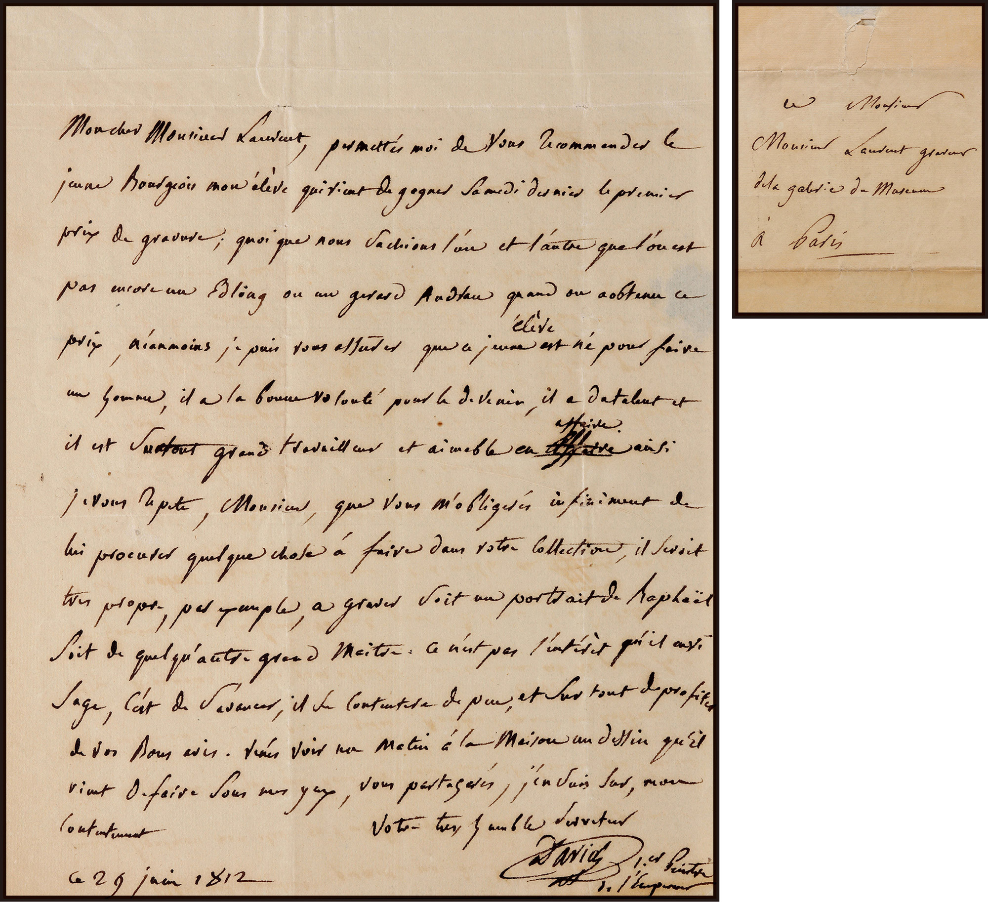 The autograph letter from Jacques Louis David, the founder of the Neoclassical School, with certificate