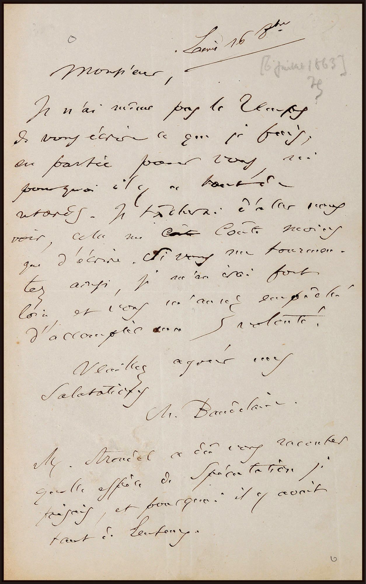 The letter concerning the plight of debt from Charles Baudelaire, the “pioneer of symbolic poetry”, in his own handwriting in his later years, with certificate