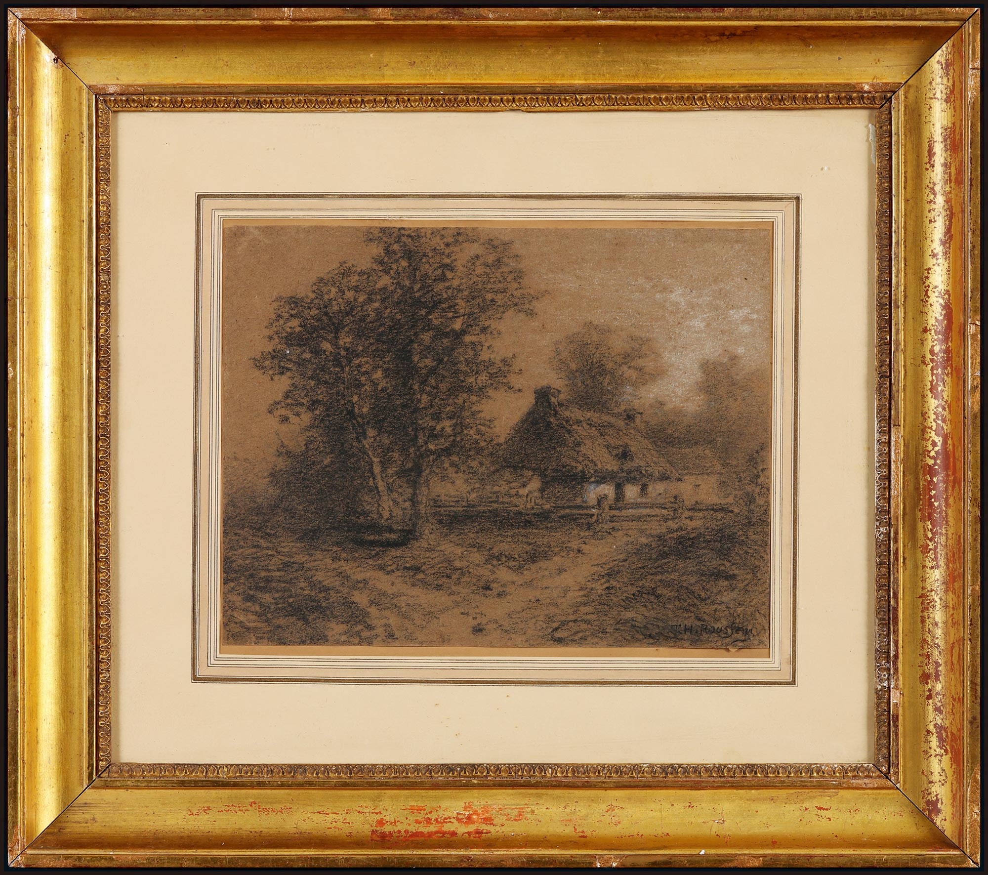 The “Sketch of Thatched Cottage in the Wood” by Théodore Rousseau, a leading figure of the Barbizon School and a famous French landscape painter, with a certificate
