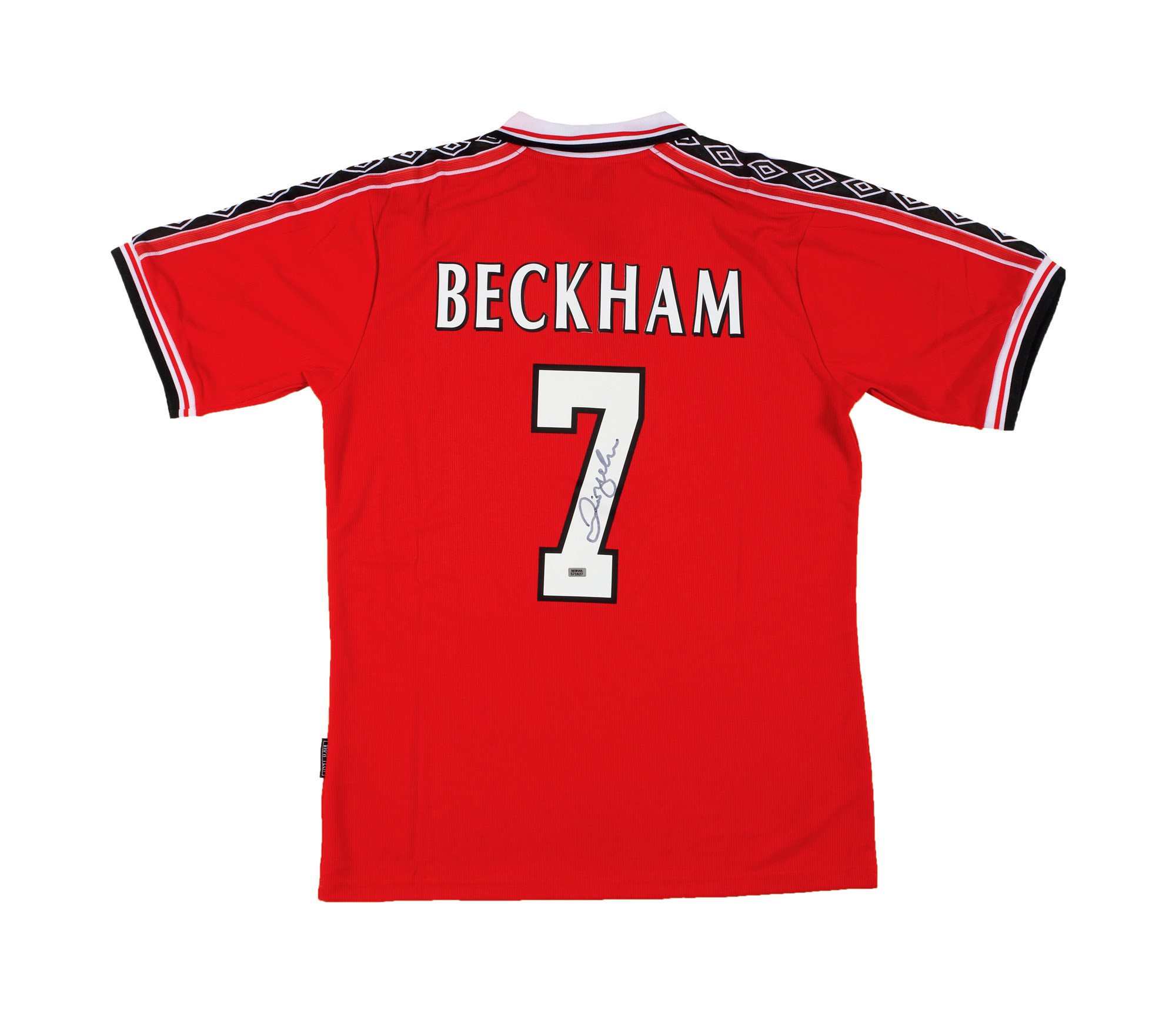 The autographed Manchester United shirt signed by David Beckham, the “stunner in the football circle”, with certificate