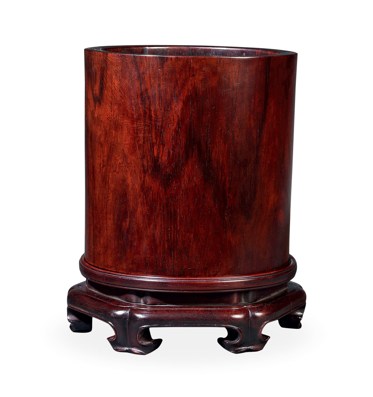 A HUANGHALI BRUSH POT WITH ROSEWOOD STAND