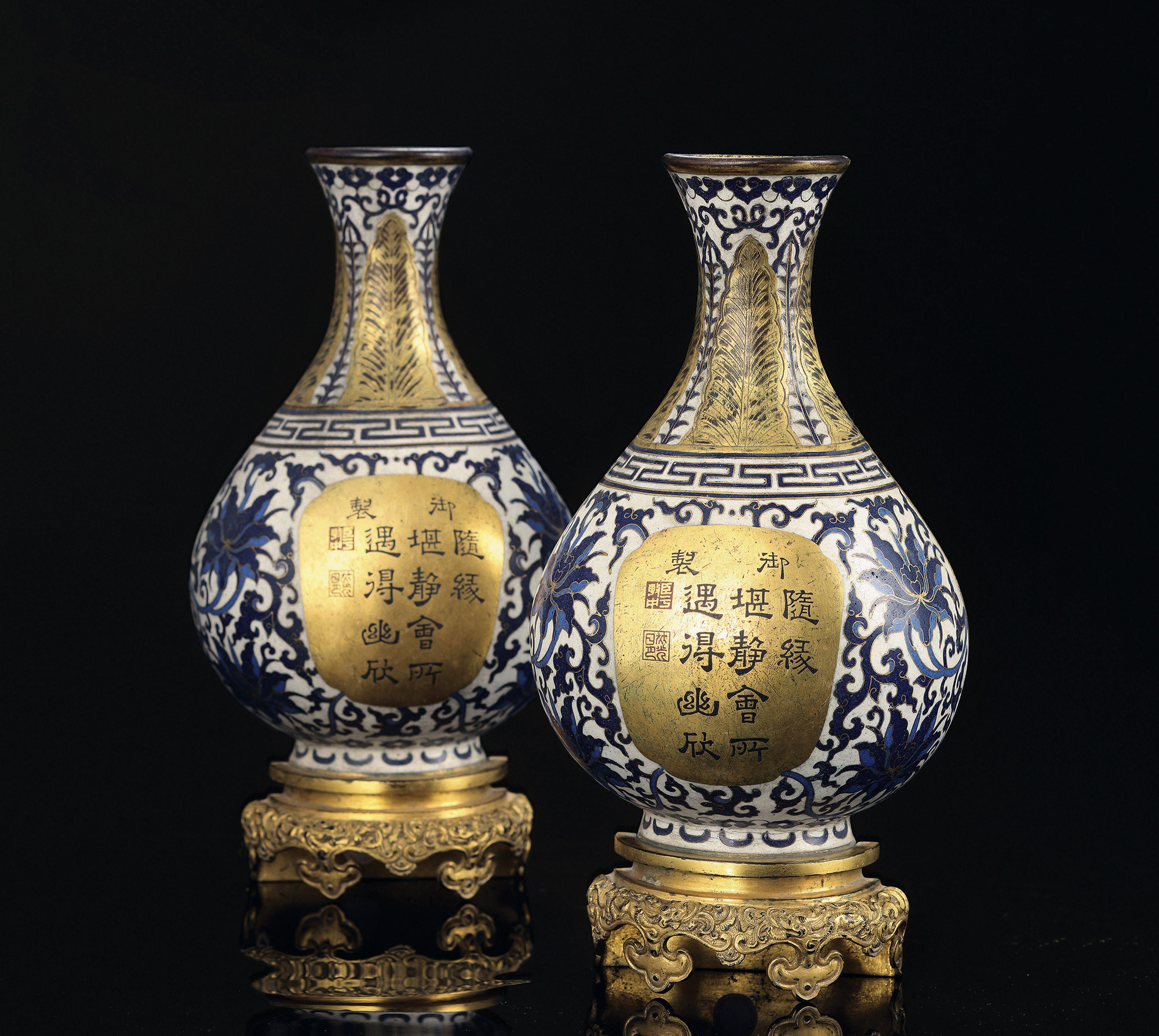 A PAIR OF GILT BRONZE AND CLOISONNE ENAMEL YUHUCHUN VASES WITH INSCRIBED IMPERIAL POEM