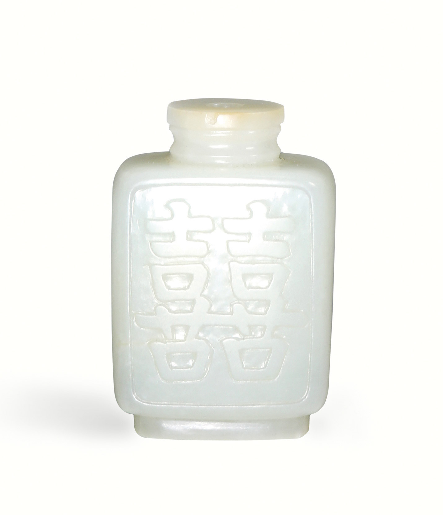 A WHITE JADE‘XI-CHARACTER’SQUARE-FORMED SNUFF BOTTLE