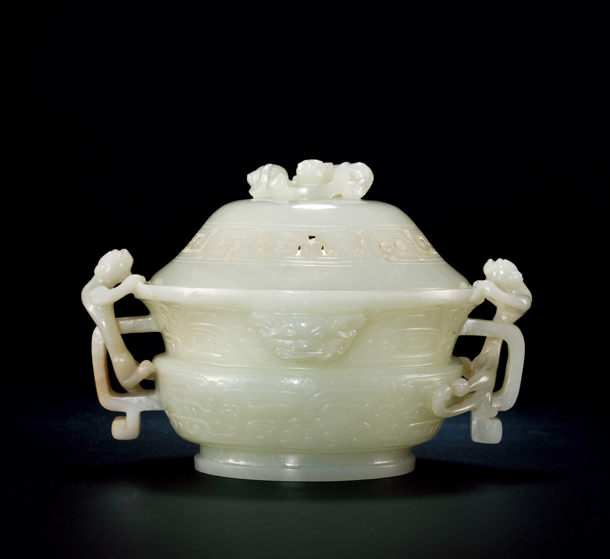 A CARVED WHITE JADE INCENSE BURNER WITH COVER, DECORATED BY BEAST FACE AND CHI-DRAGON HANDLES