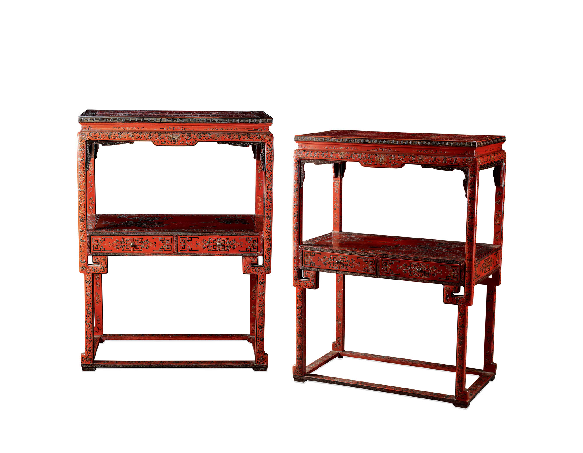 A PAIR OF RED LACQUERED CARVED‘FLORAL’ RECTANGULAR TABLES