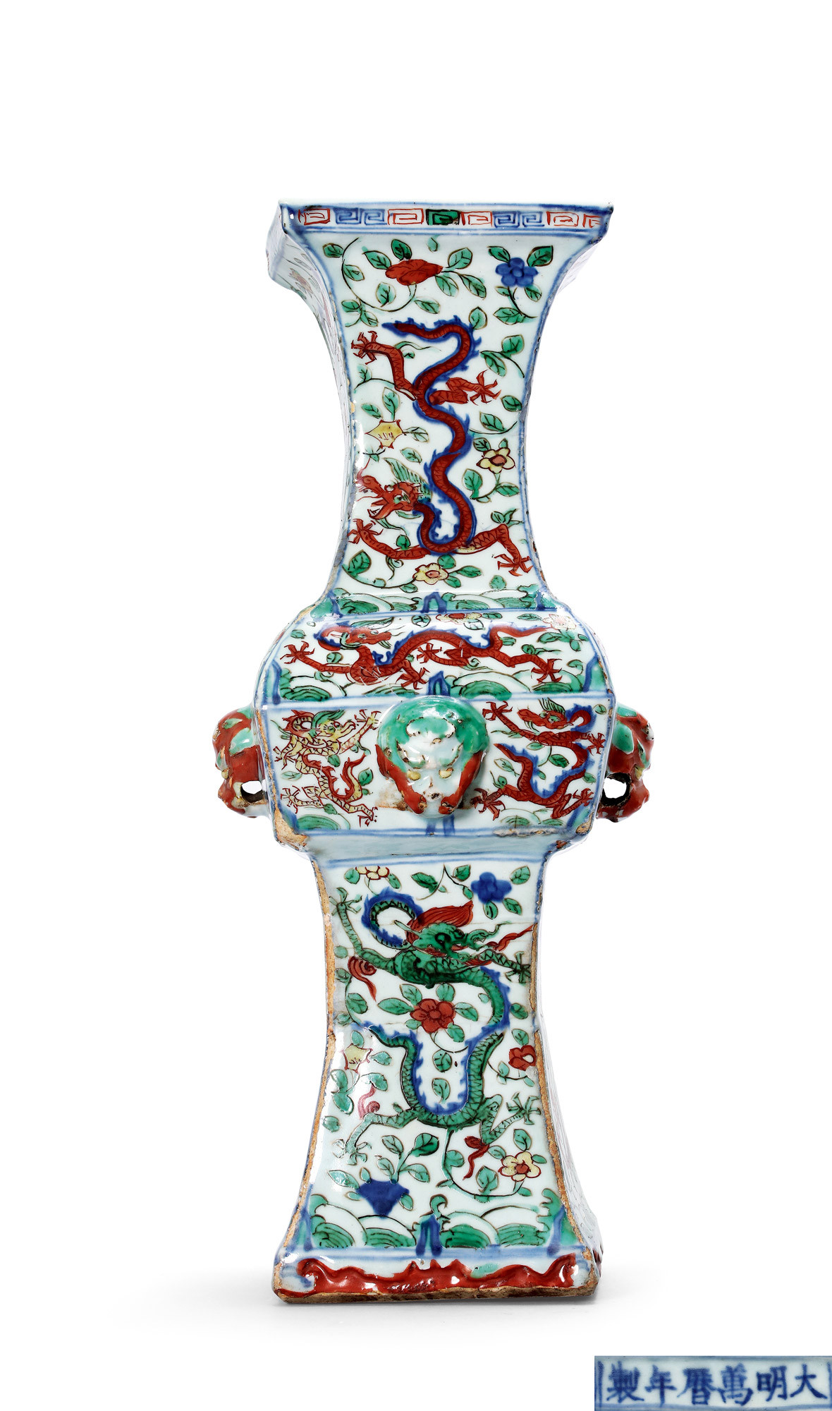 An Extremely Rare Blue and White  Wucai‘Dragon’Vase， Gu