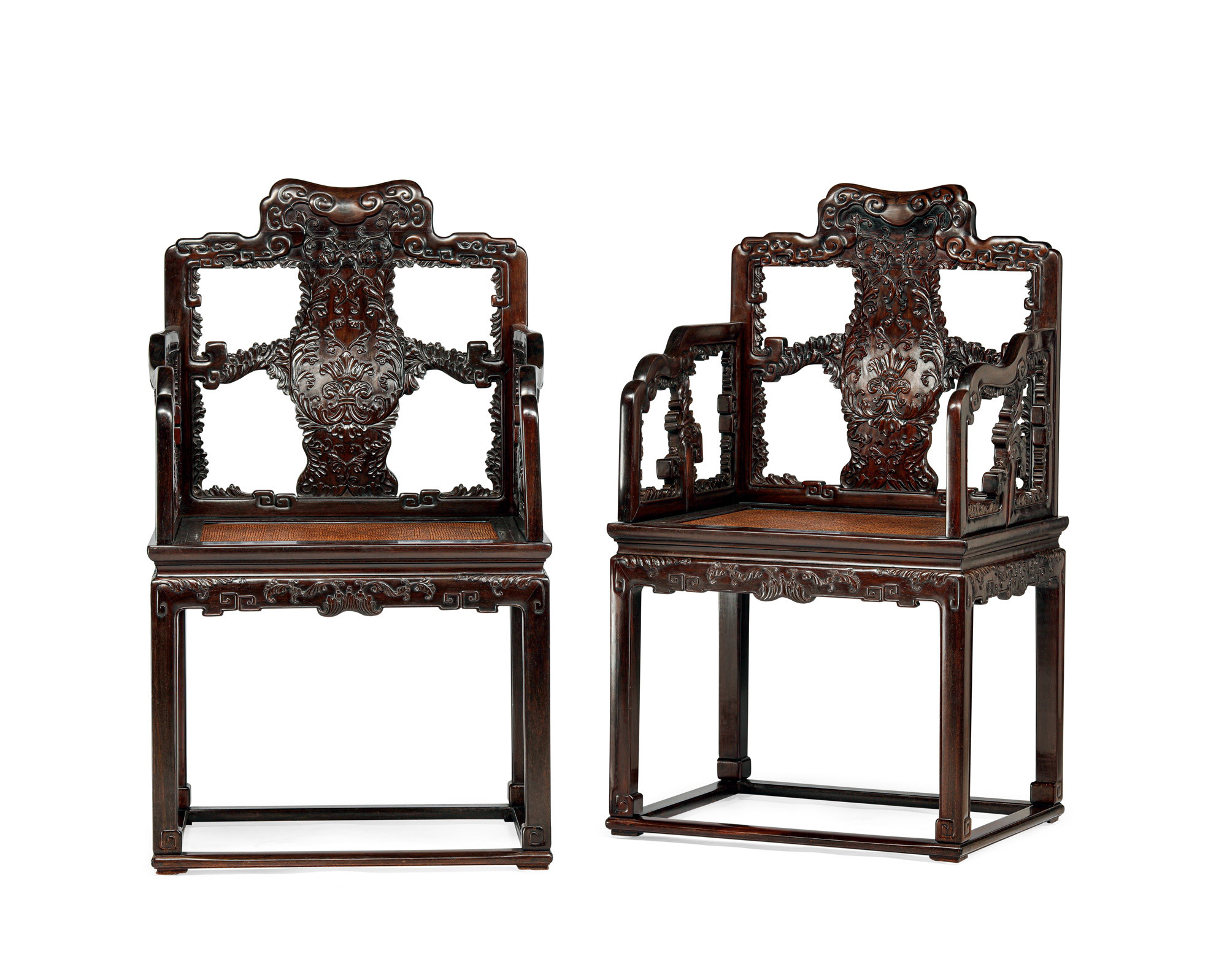 PAIR OF ZITAN CARVED WESTERN FLOWERS ARMCHAIR WITH ‘TUONI’ STAND