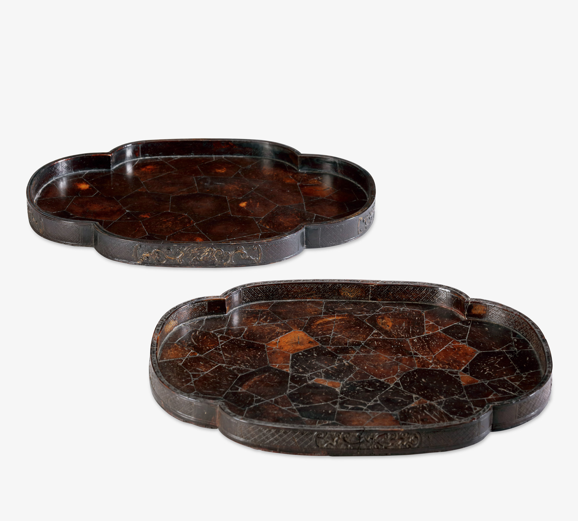 A Pair of Carved Coconut-Shell Trays in Floral Shape with ‘Chi-Dragon’ Design