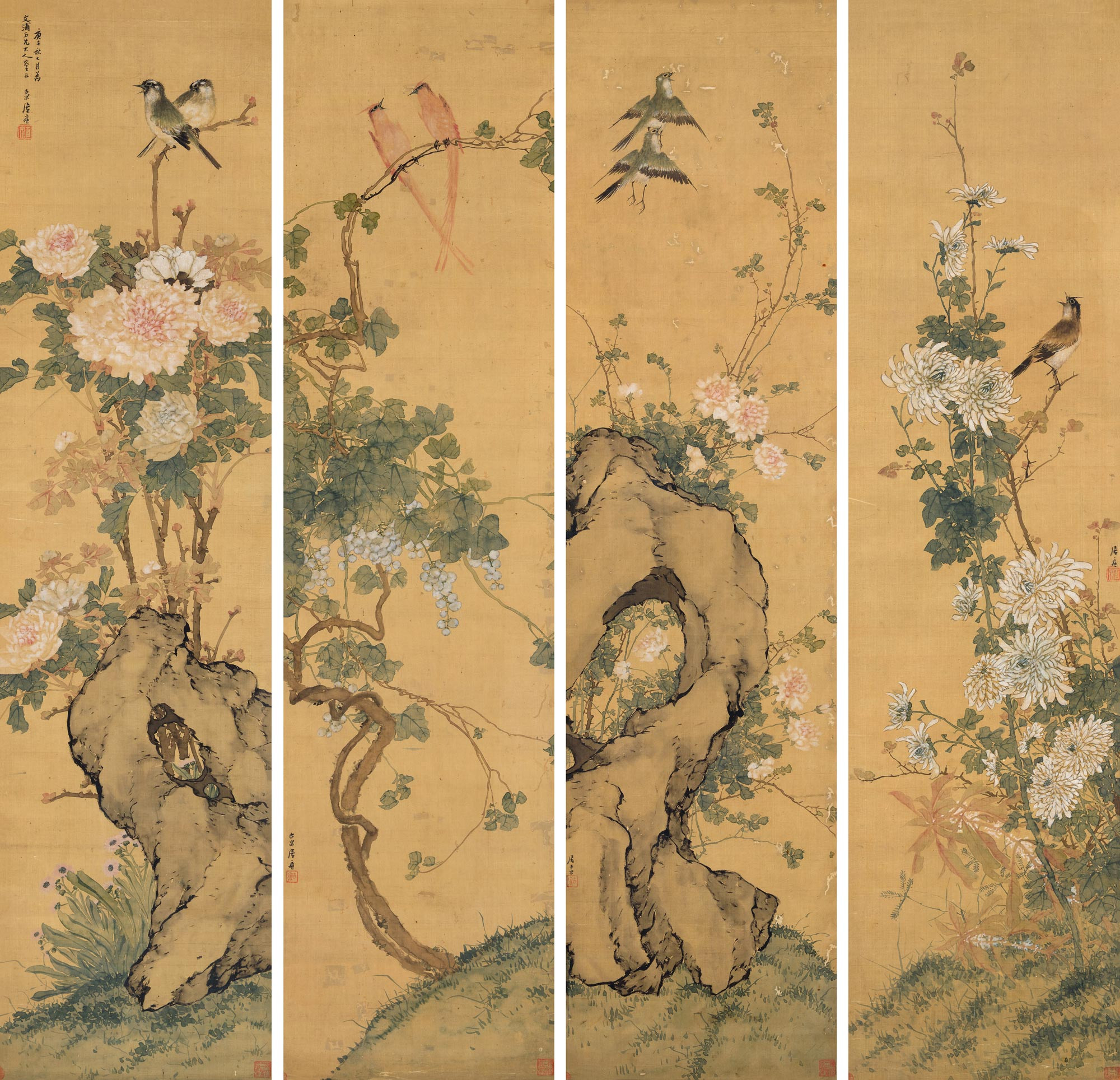 Four Screens of Flowers and Birds