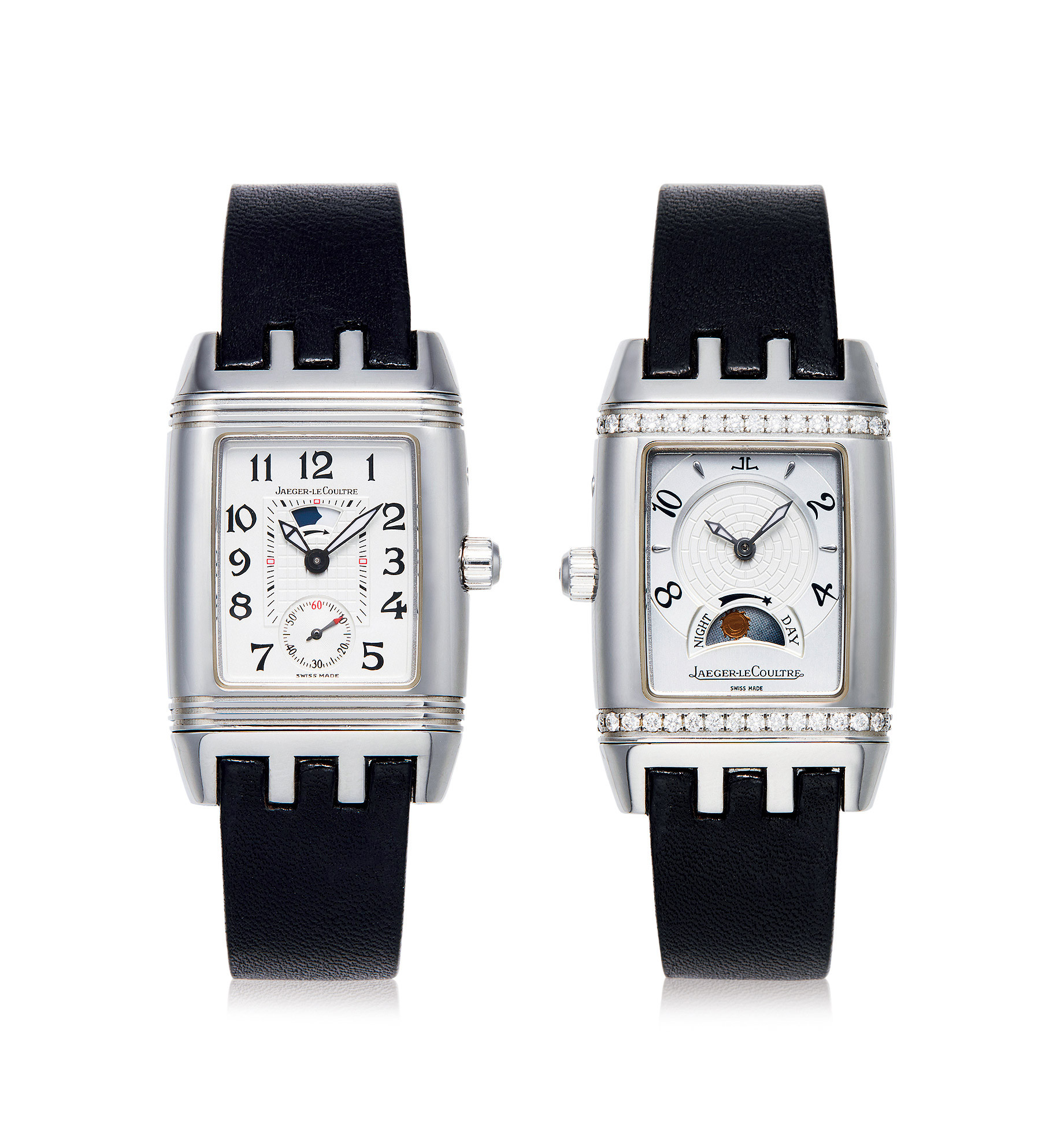 JAEGER-LECOULTRE  A STAINLESS STEEL AND DIAMOND-SET MANUALLY-WOUND WRISTWATCH，DAY/NIGHT INDICATION