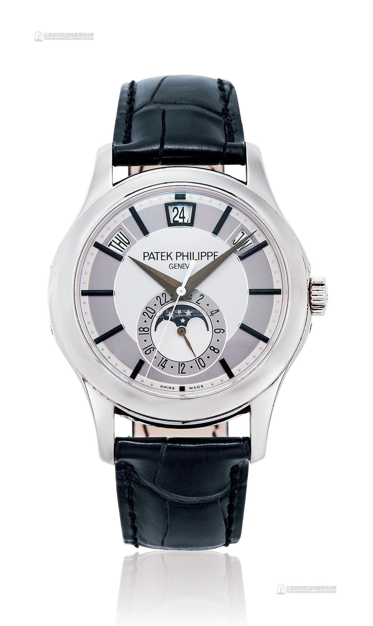 PATEK PHILIPPE A WHITE GOLD CALENDAR AUTOMATIC WRISTWATCH WITH MOON-PHASE INDICATION