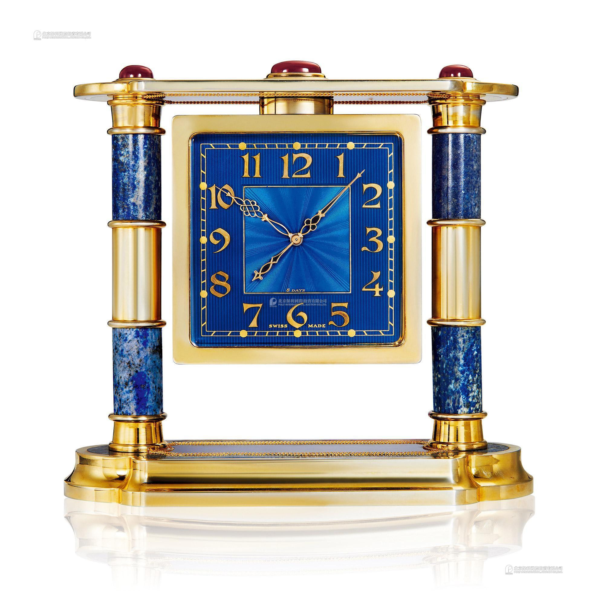 GUBELIN A GILT SILVER AND LAZURITE AND AGATE-SET MANUALLY-WOUND TABLE CLOCK WITH 8 DAYS POWER-RESERVE