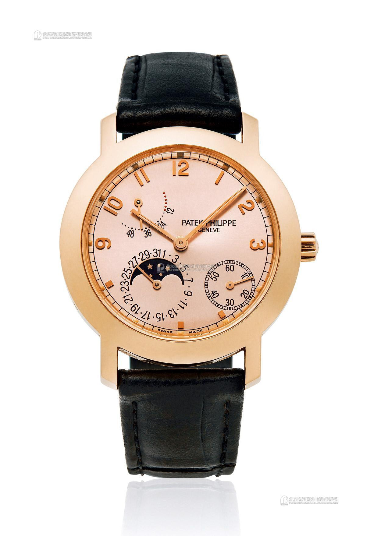 PATEK PHILIPPE A ROSE GOLD AUTOMATIC WRISTWATCH WITH DATE， MOON-PHASE， SECOND AND POWER-RESERVE INDICATION
