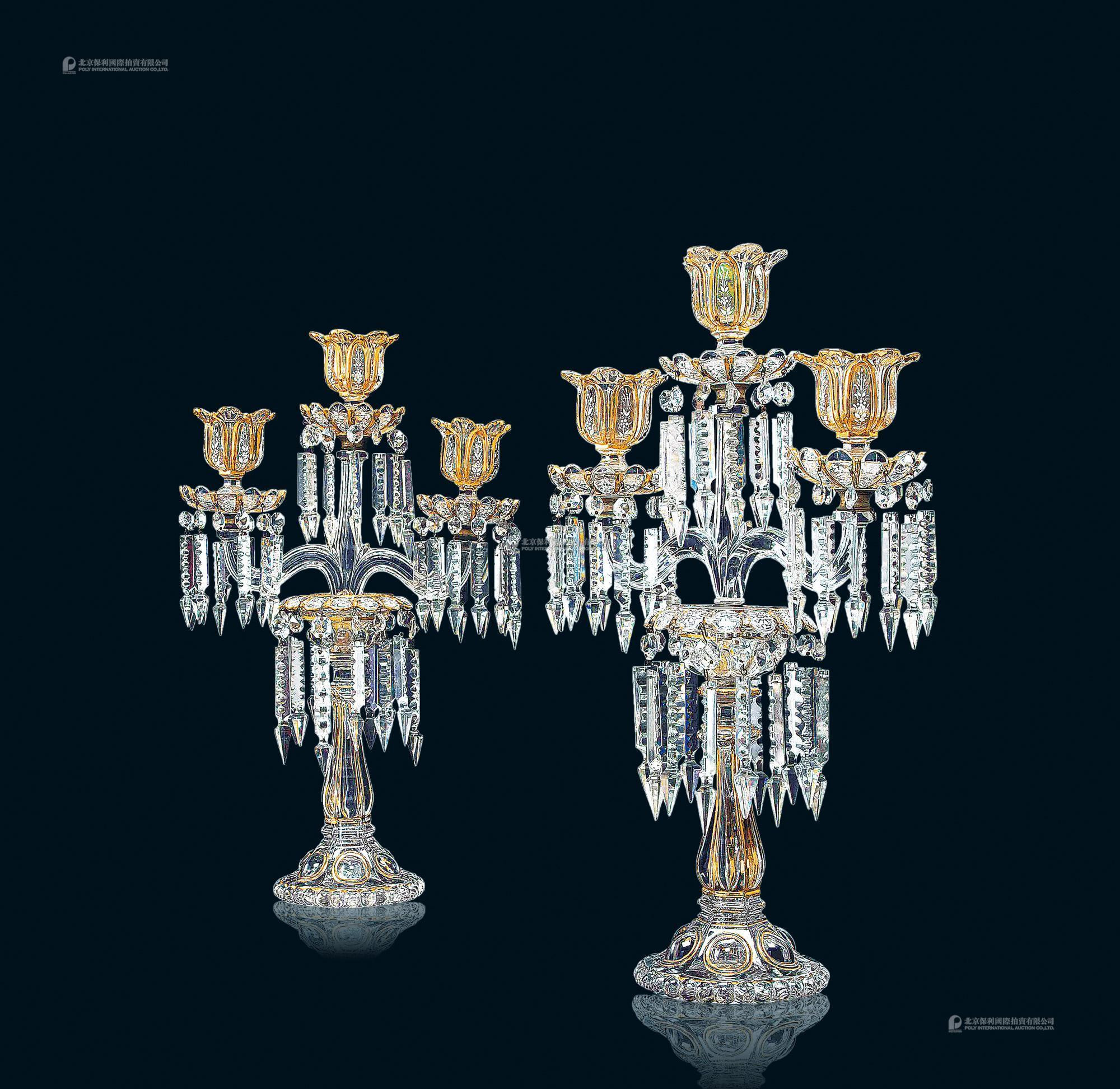 A PAIR OF FRENCH PARCEL-GILT， ENAMELED AND CUT-CRYSTAL CANDELABRA， BY TO BACCARAT， PARIS