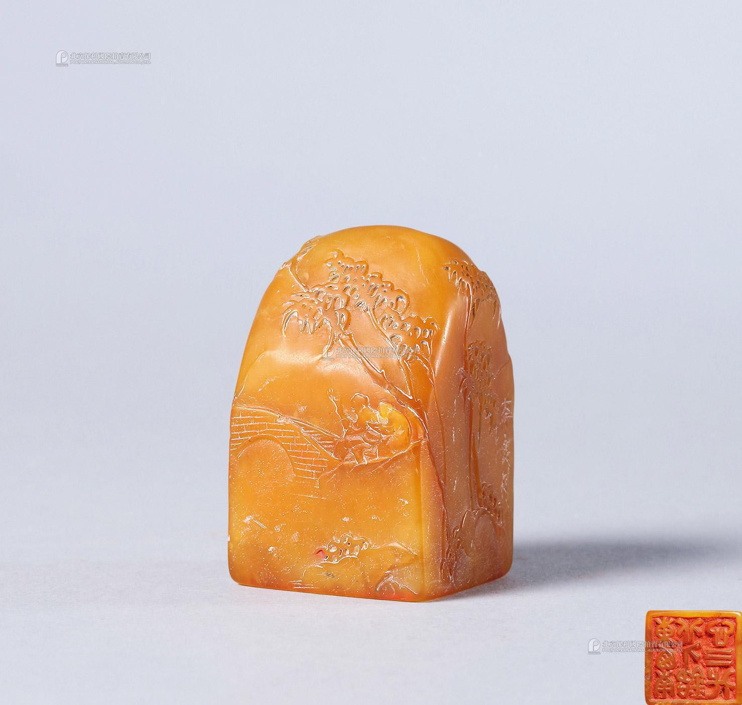 YELLOW SOAPSTONE CARVED SQUARE SEAL WITH DESIGN OF BAMBOO AND BUILDING