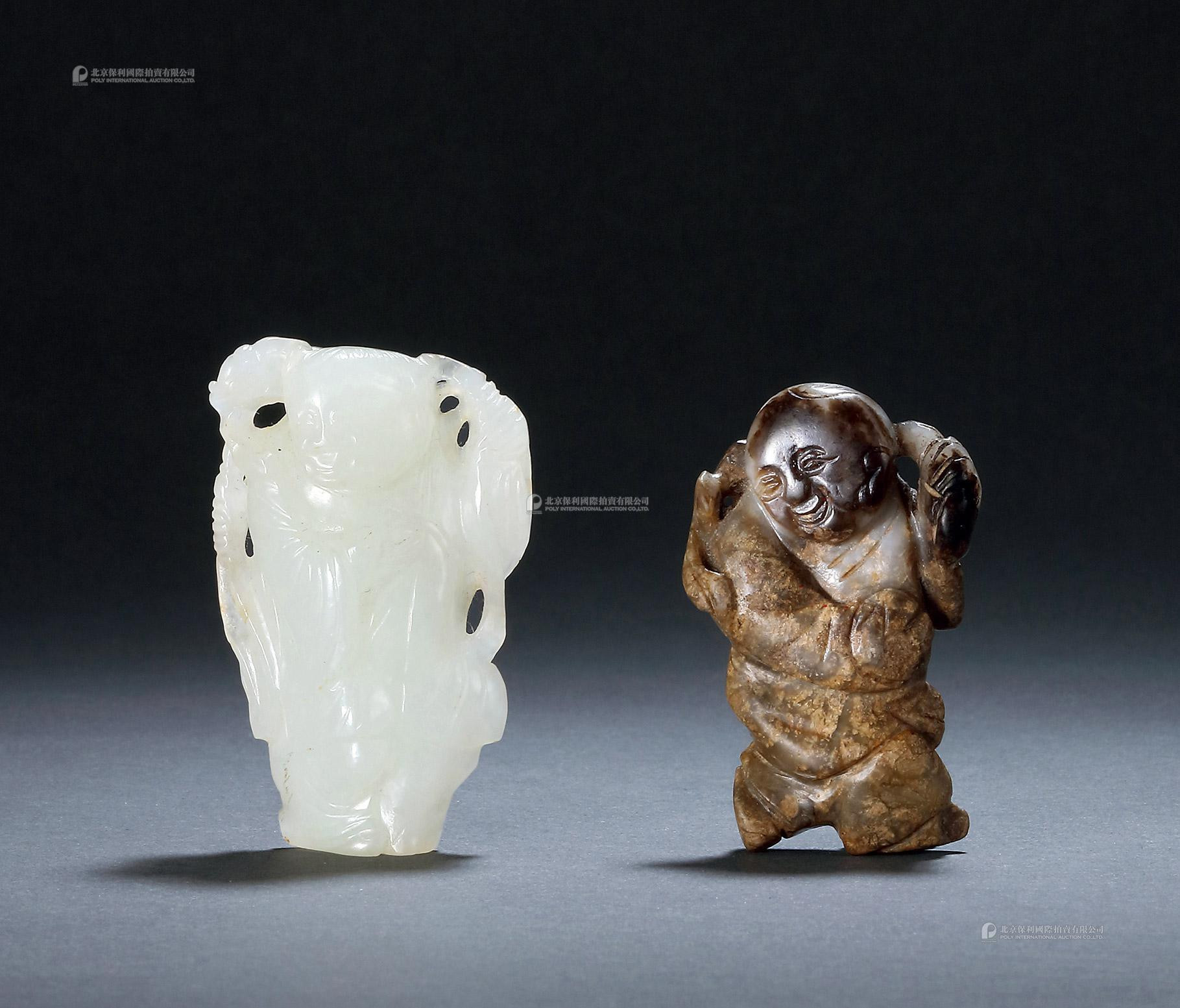 GREENISH WHITE JADE CARVED LIU HAI PLAYING WITH GOLDEN TOAD AND CHILD