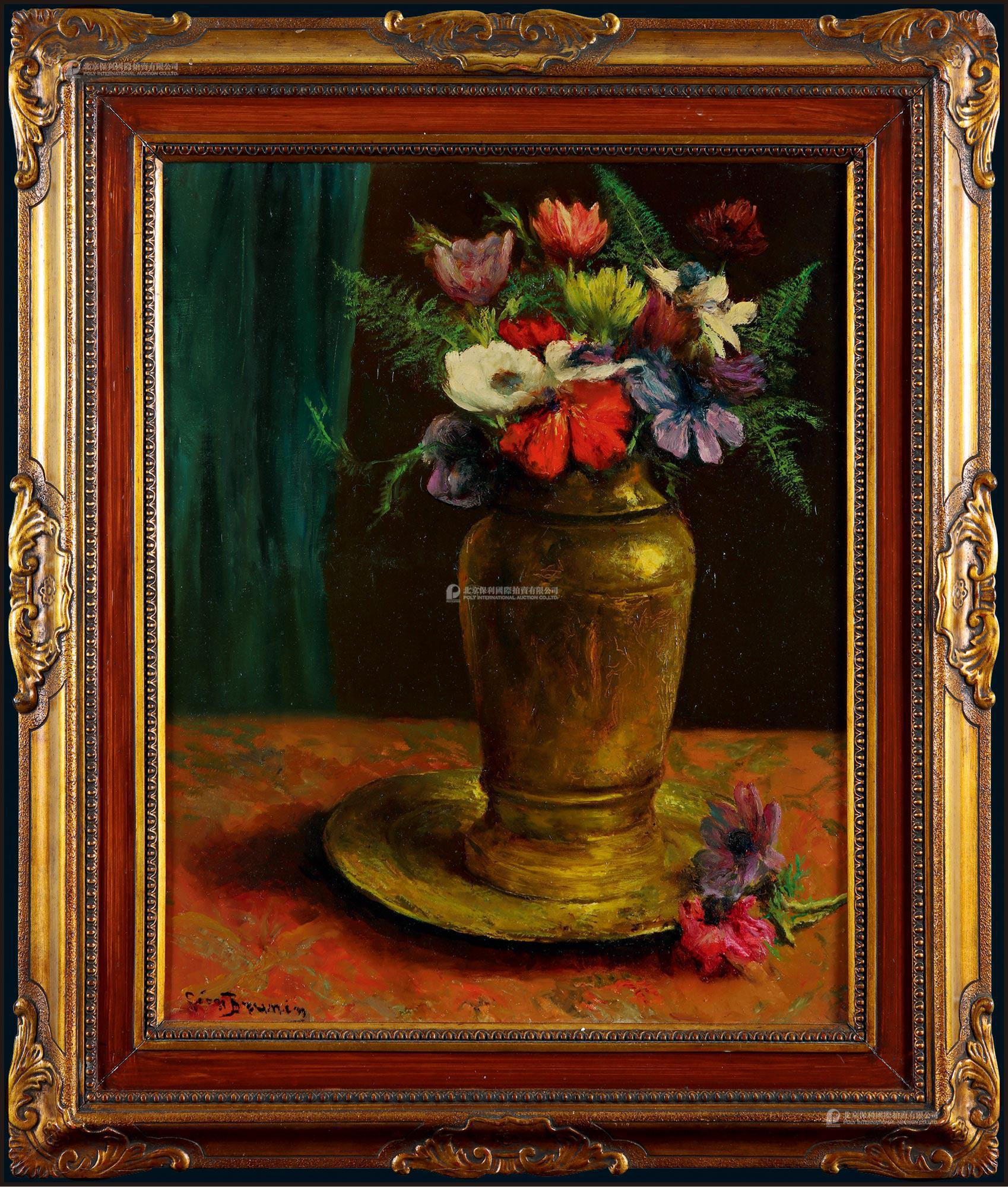 The oil painting “Flower in a Bottle” by Leon Brunin, a famous Belgian landscape painter and sculptor, with a certificate