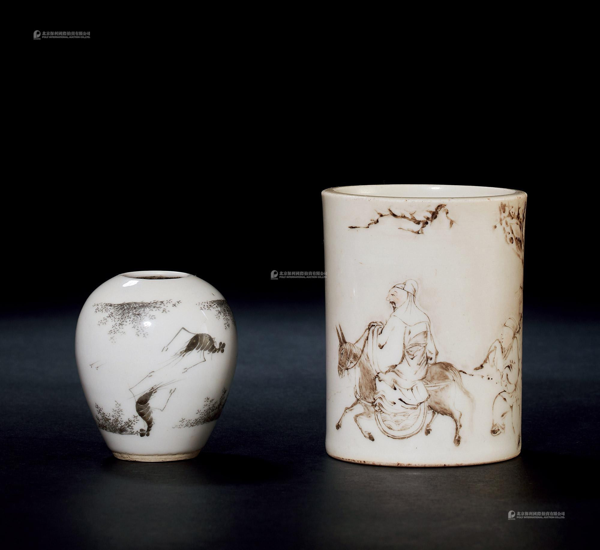 A SET OF TWO TANGYING-STYLE GRISAILLE‘PLUM SCENE’ BRUSHPOT, AN INK ENAMELLED‘SHRIMP’ WATER POT