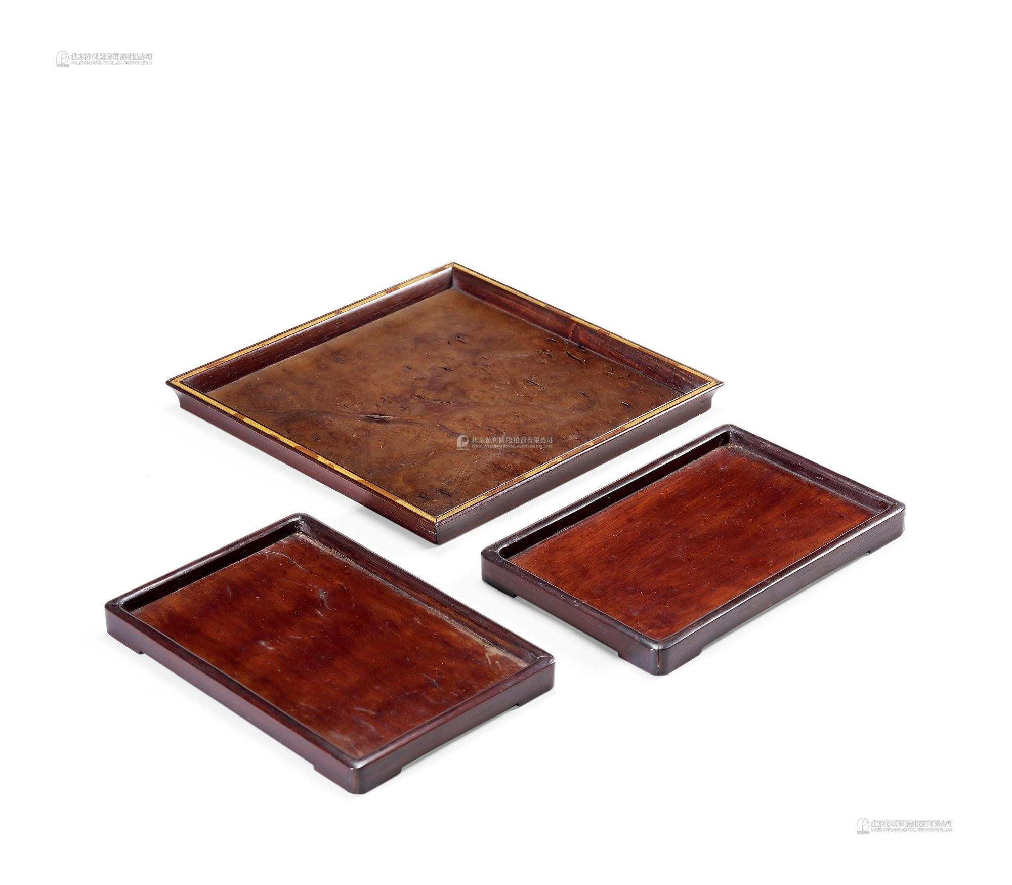 A Pair of Rosewood Longyanmu-Inlaid Trays；Square-Shaped Rosewood Tray
